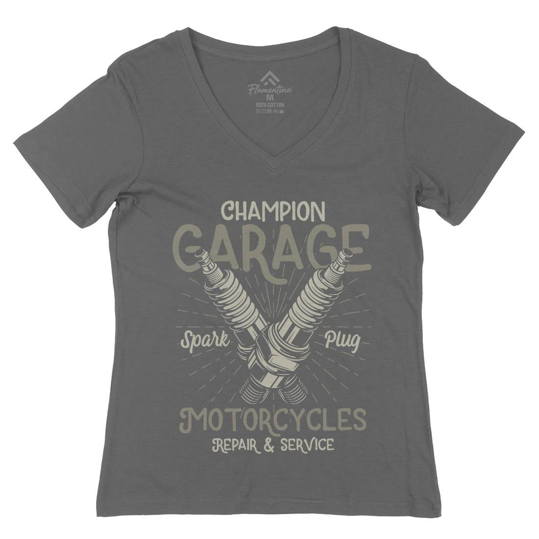 Champion Garage Womens Organic V-Neck T-Shirt Motorcycles B835