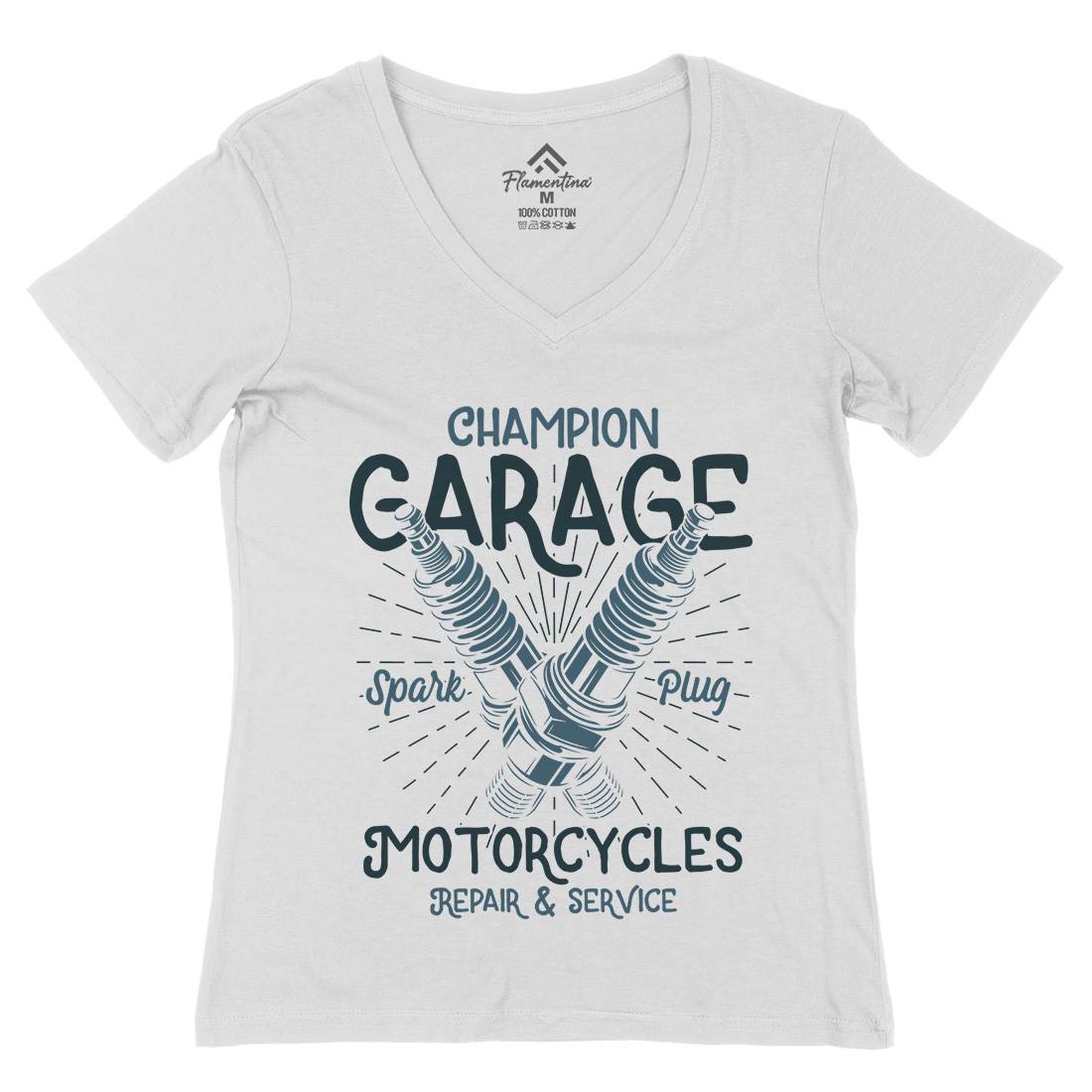 Champion Garage Womens Organic V-Neck T-Shirt Motorcycles B835