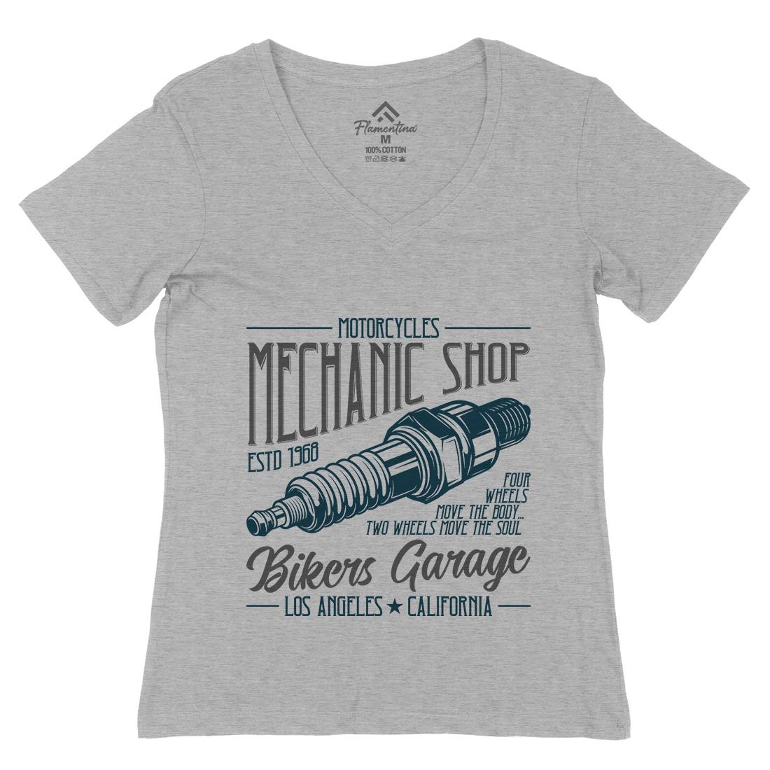Mechanic Shop Womens Organic V-Neck T-Shirt Motorcycles B836
