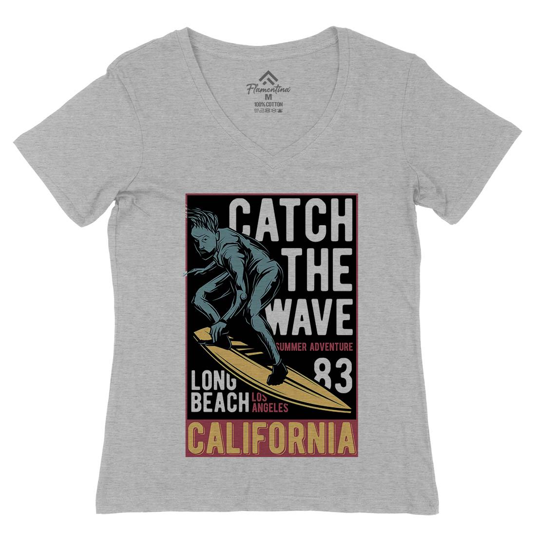 Catch The Wave Surfing Womens Organic V-Neck T-Shirt Surf B880