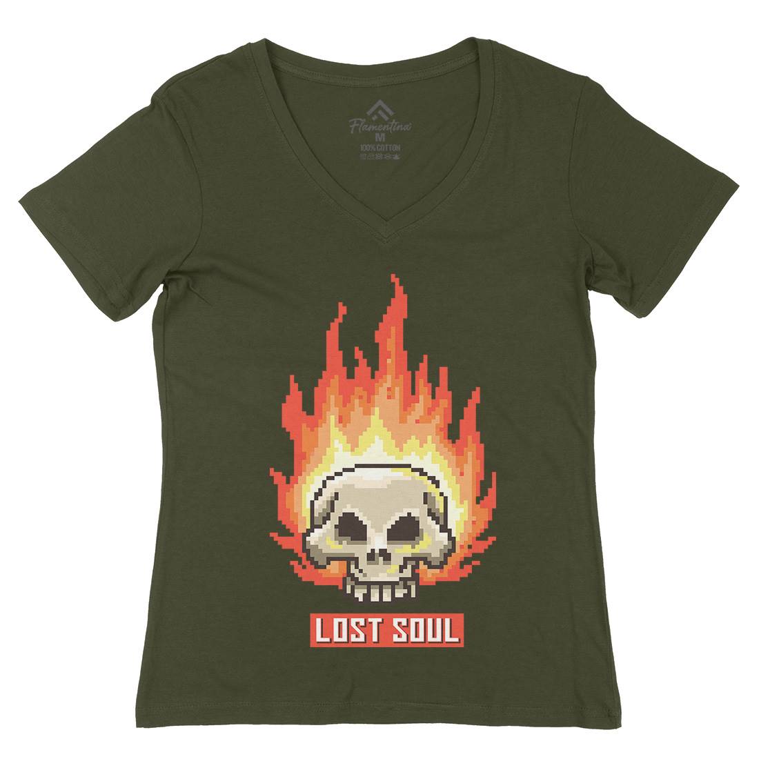Burning Skull Lost Soul Womens Organic V-Neck T-Shirt Retro B889