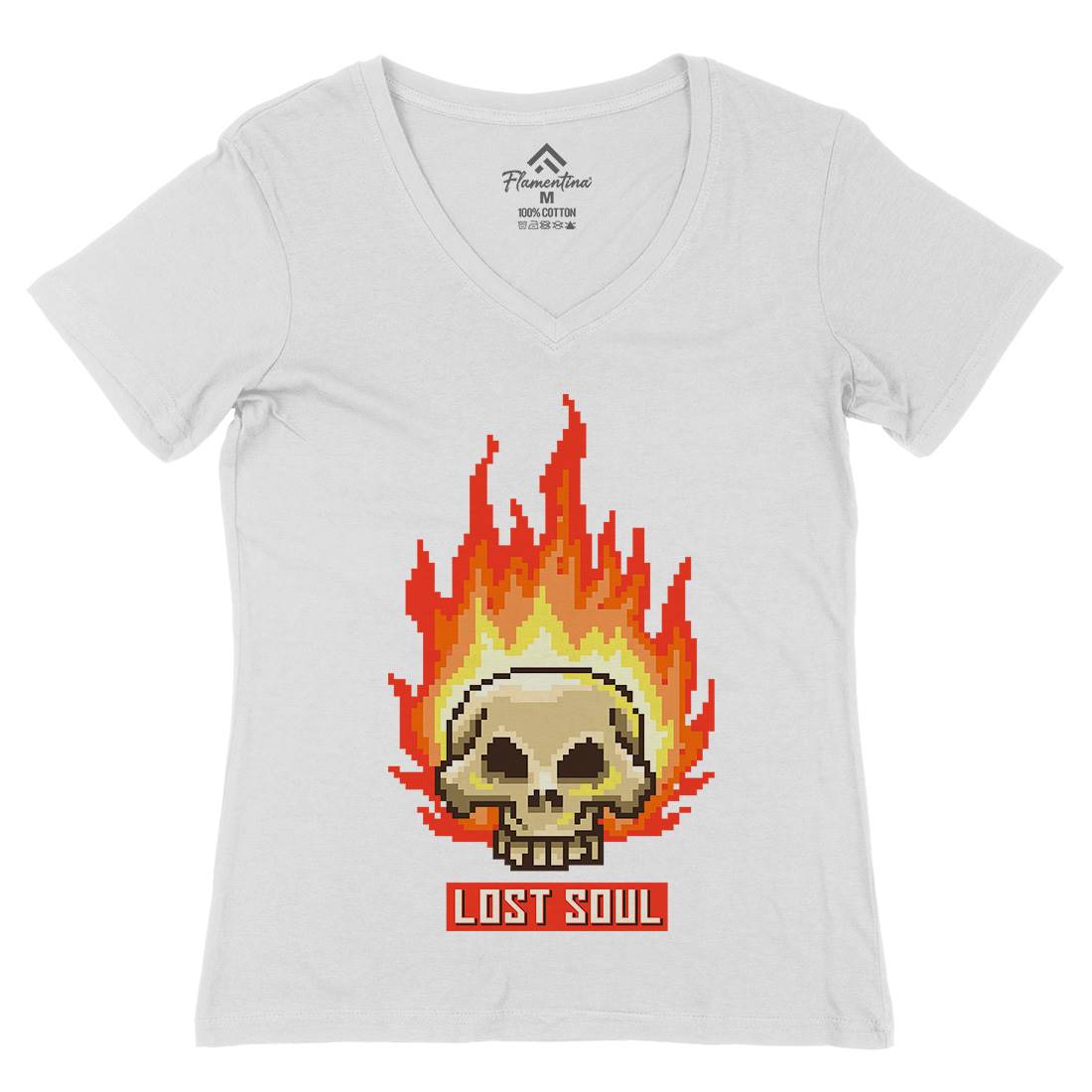 Burning Skull Lost Soul Womens Organic V-Neck T-Shirt Retro B889