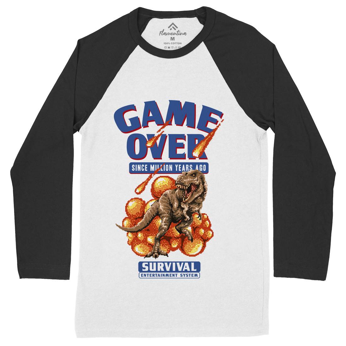Game Over Dino Mens Long Sleeve Baseball T-Shirt Geek B902