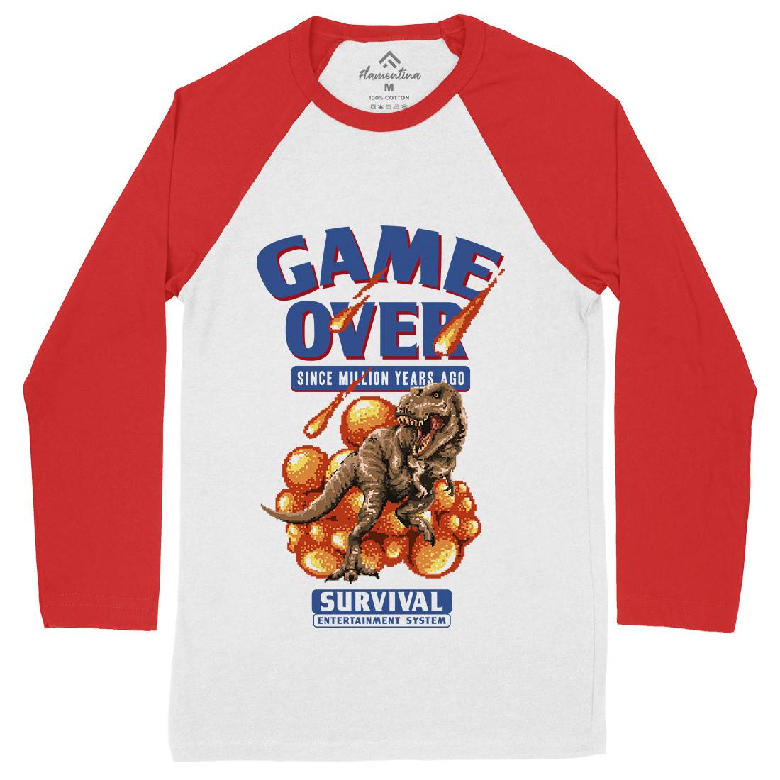 Game Over Dino Mens Long Sleeve Baseball T-Shirt Geek B902
