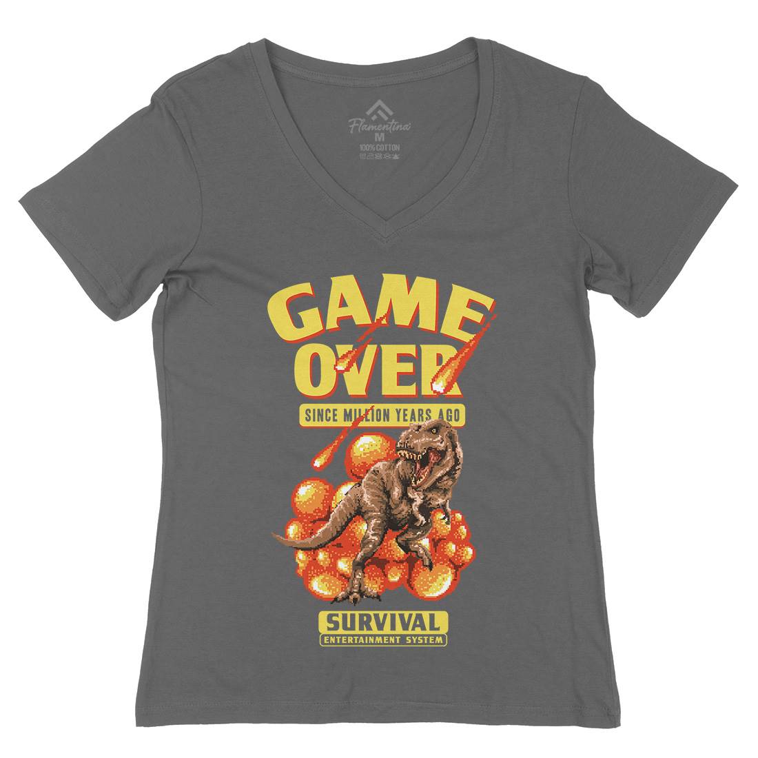 Game Over Dino Womens Organic V-Neck T-Shirt Geek B902