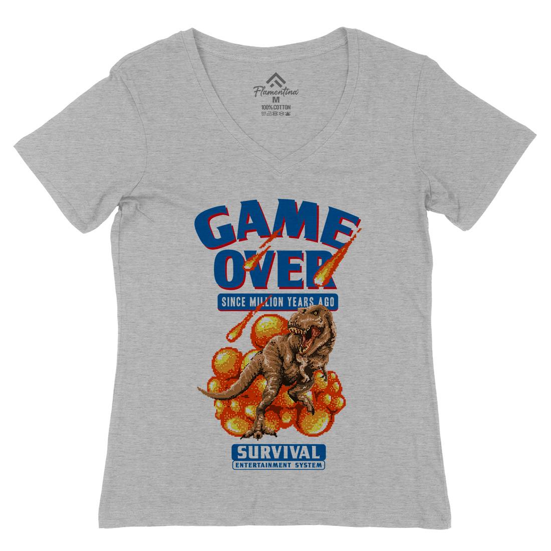 Game Over Dino Womens Organic V-Neck T-Shirt Geek B902