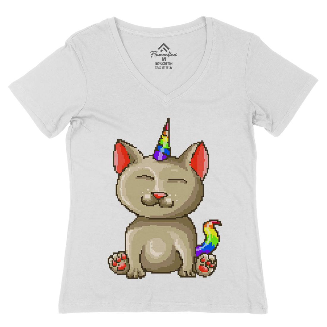 Kitty Unicorn Womens Organic V-Neck T-Shirt Animals B922
