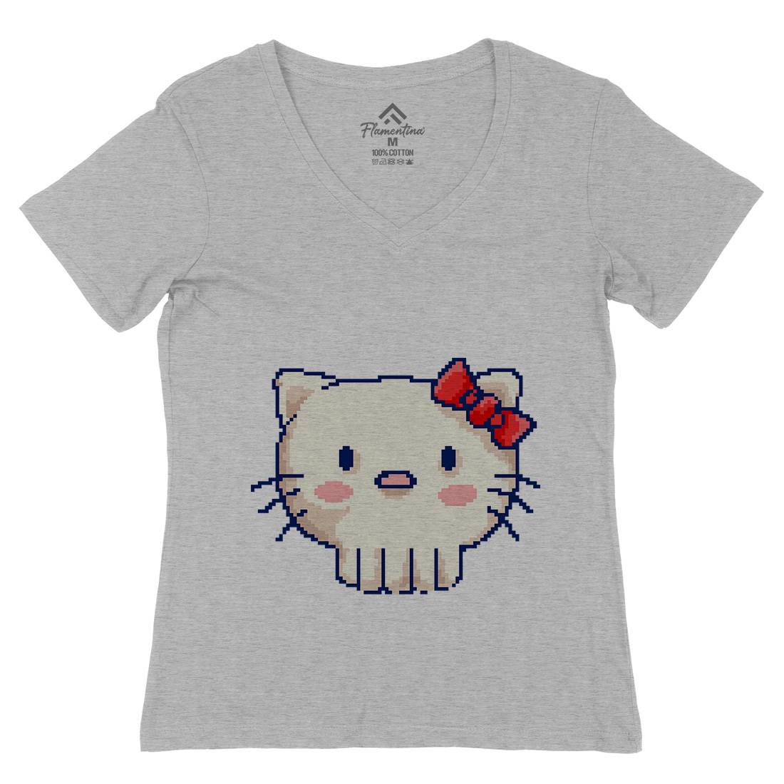 Skull Kitty Womens Organic V-Neck T-Shirt Animals B957