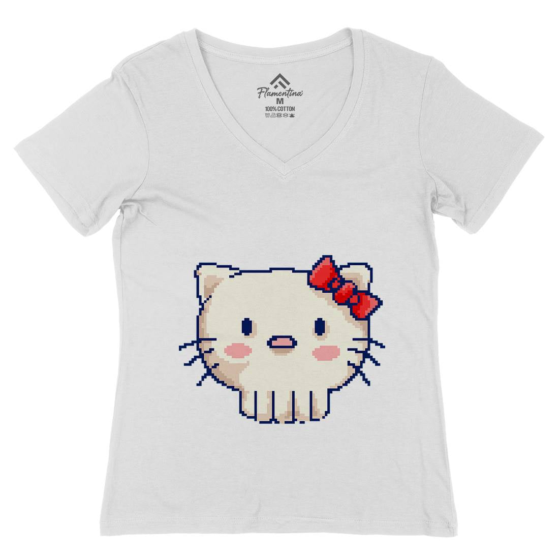 Skull Kitty Womens Organic V-Neck T-Shirt Animals B957