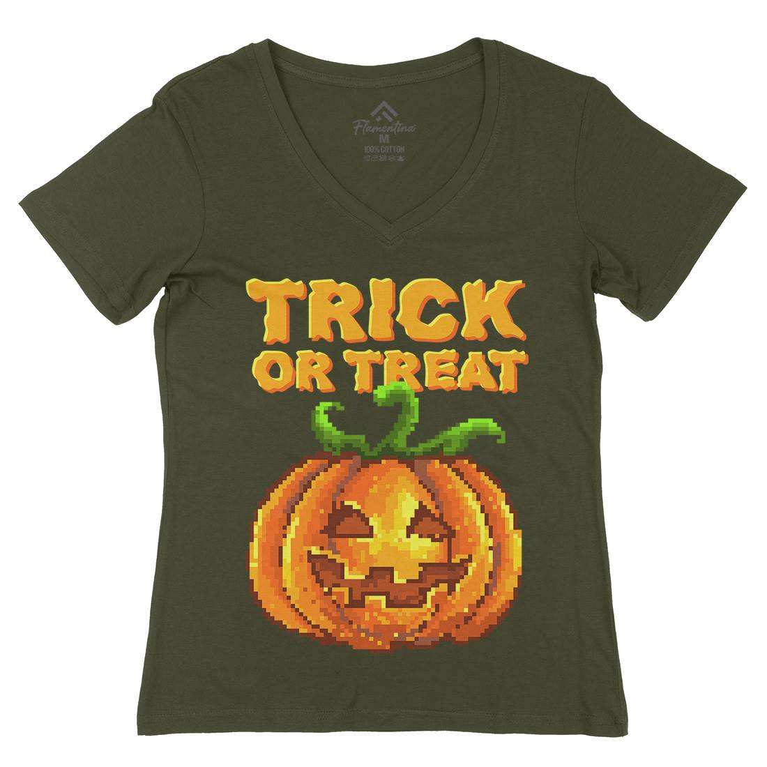 Trick Or Treat Halloween Jack O Lantern Womens Organic V-Neck T-Shirt Horror B972