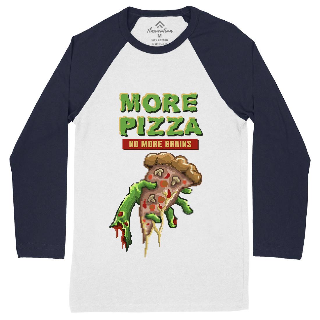 Zombie Pizza Mens Long Sleeve Baseball T-Shirt Food B982