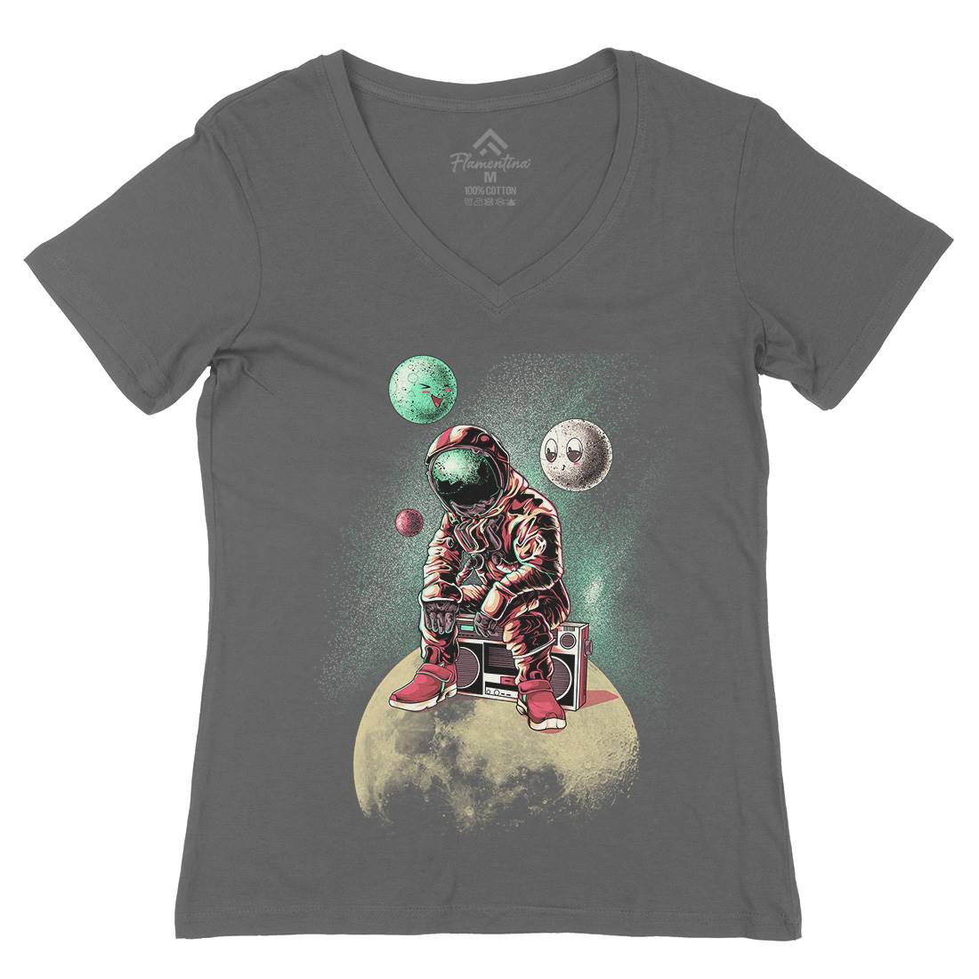 Astronaut Moon Womens Organic V-Neck T-Shirt Space B986