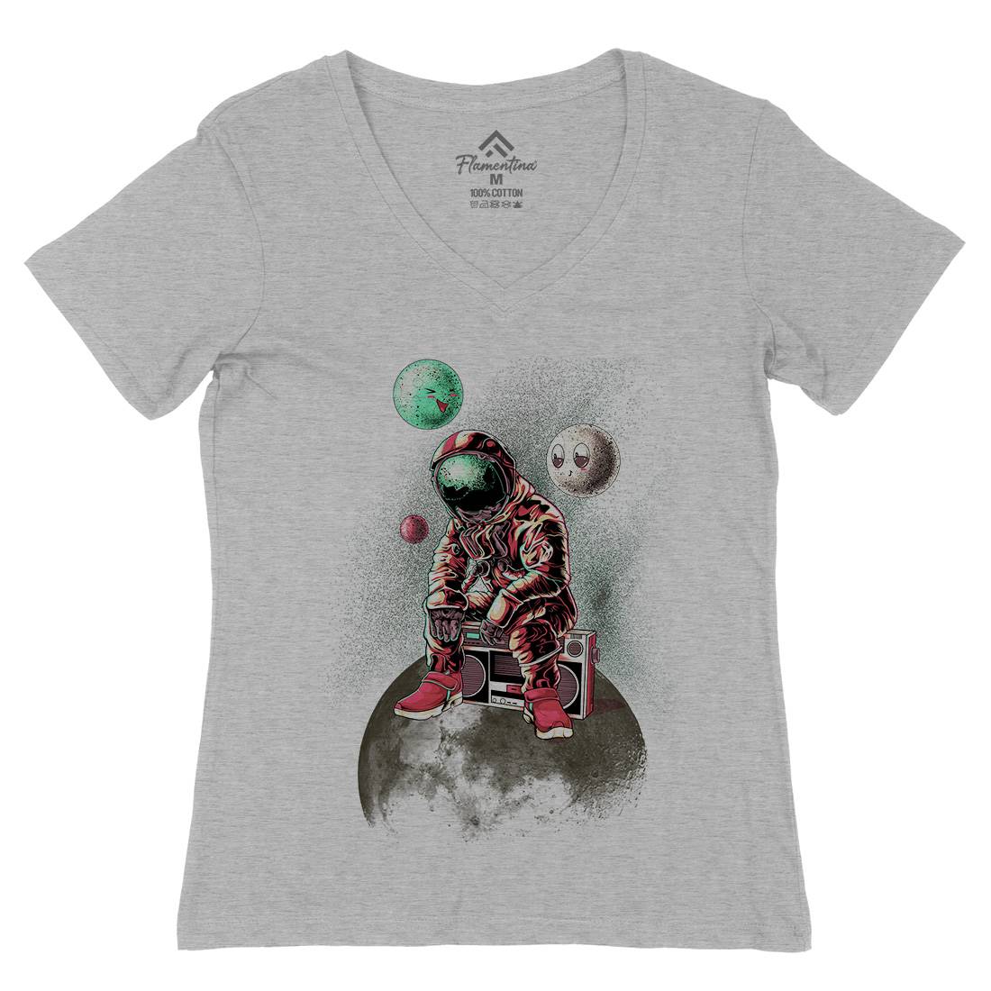 Astronaut Moon Womens Organic V-Neck T-Shirt Space B986