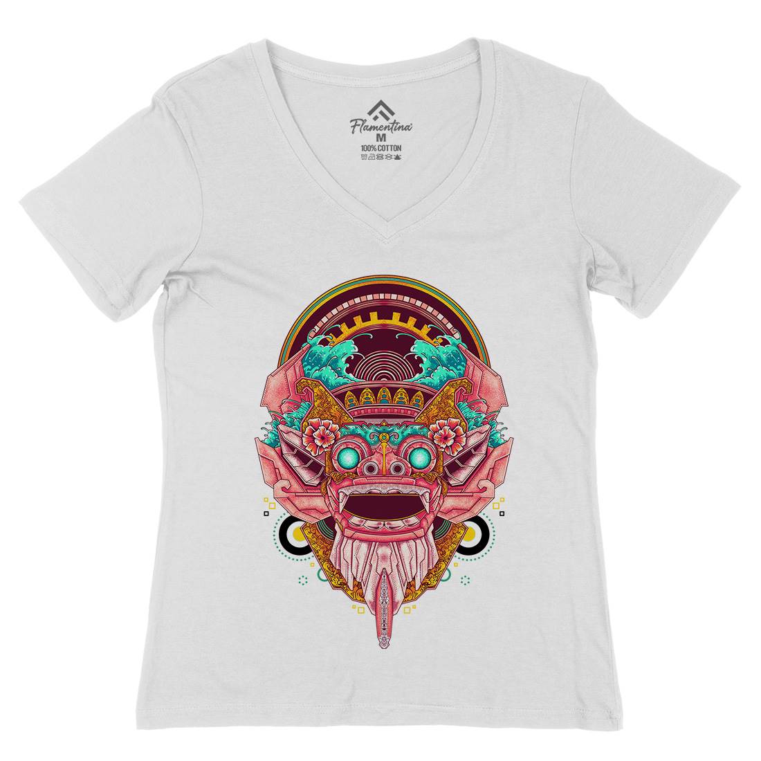 Barong Mask Womens Organic V-Neck T-Shirt Asian B990