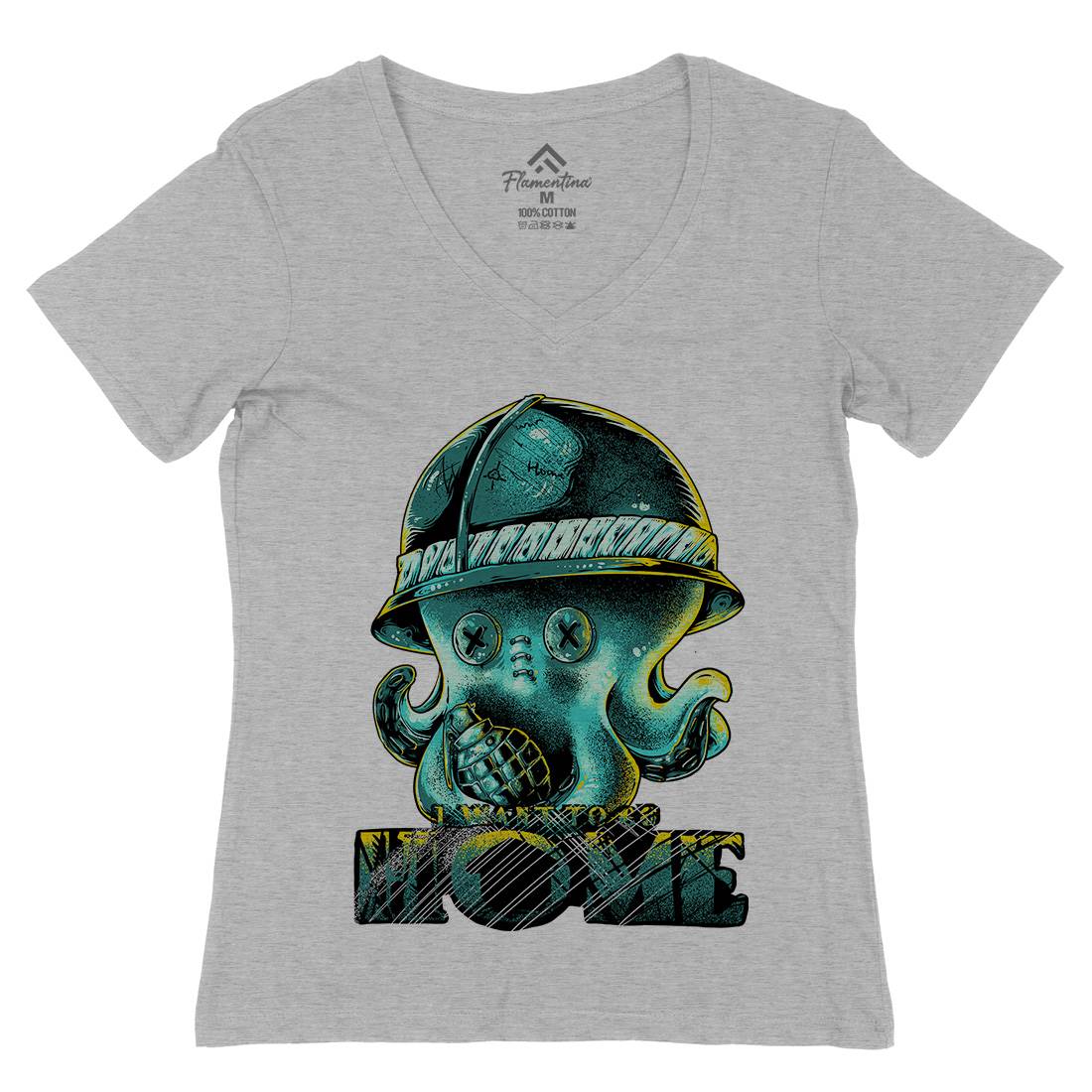 Octopus War Womens Organic V-Neck T-Shirt Army B993