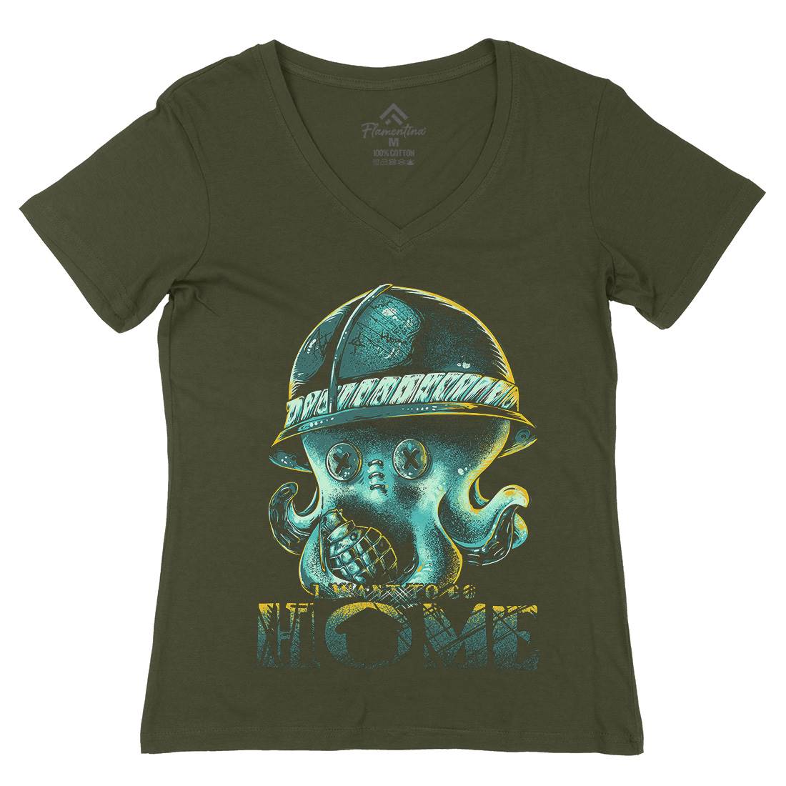 Octopus War Womens Organic V-Neck T-Shirt Army B993