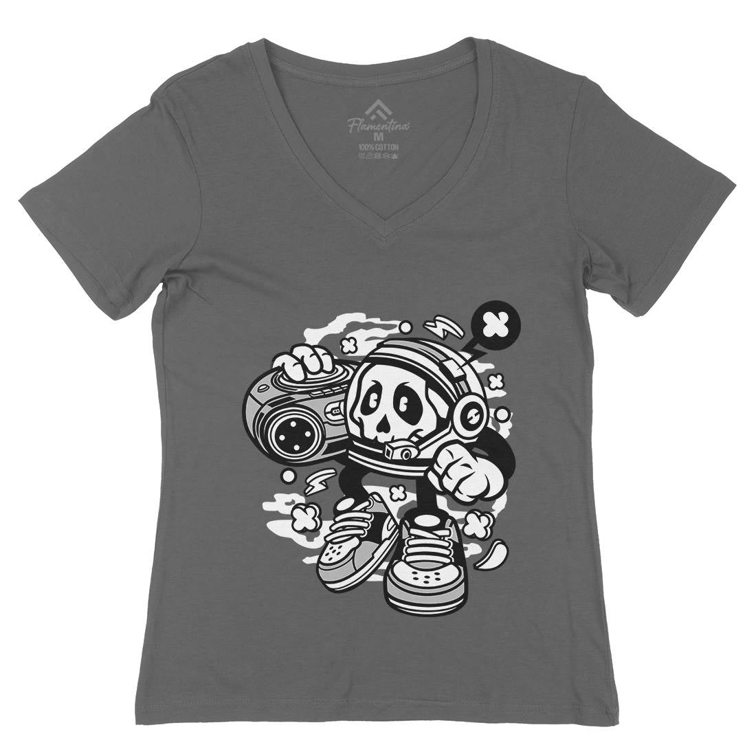 Astronaut Boombox Womens Organic V-Neck T-Shirt Space C005