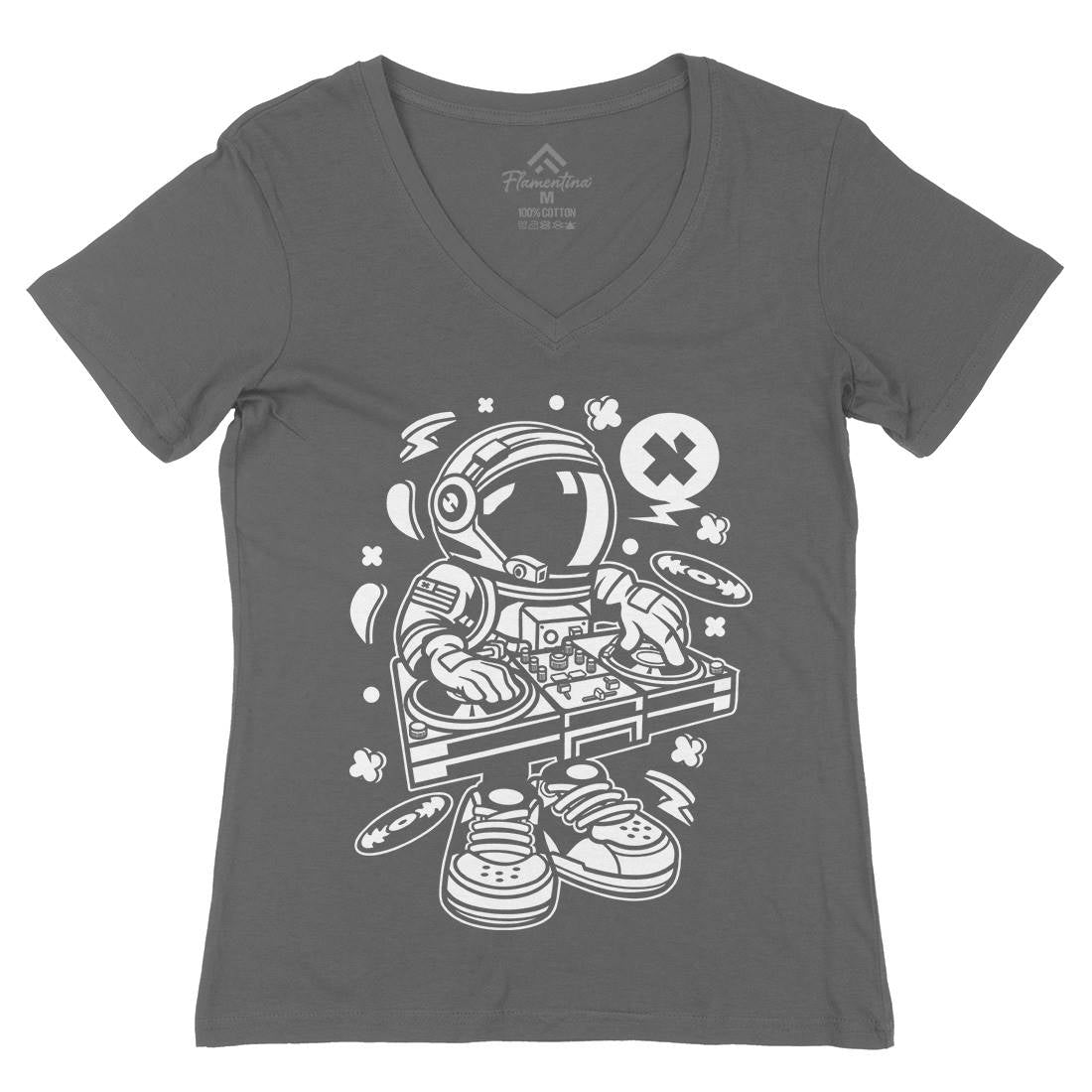 Astronaut Disk Jockey Womens Organic V-Neck T-Shirt Space C006