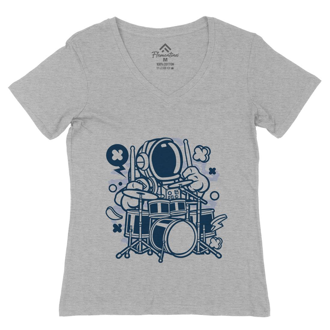 Astronaut Drummer Womens Organic V-Neck T-Shirt Space C008