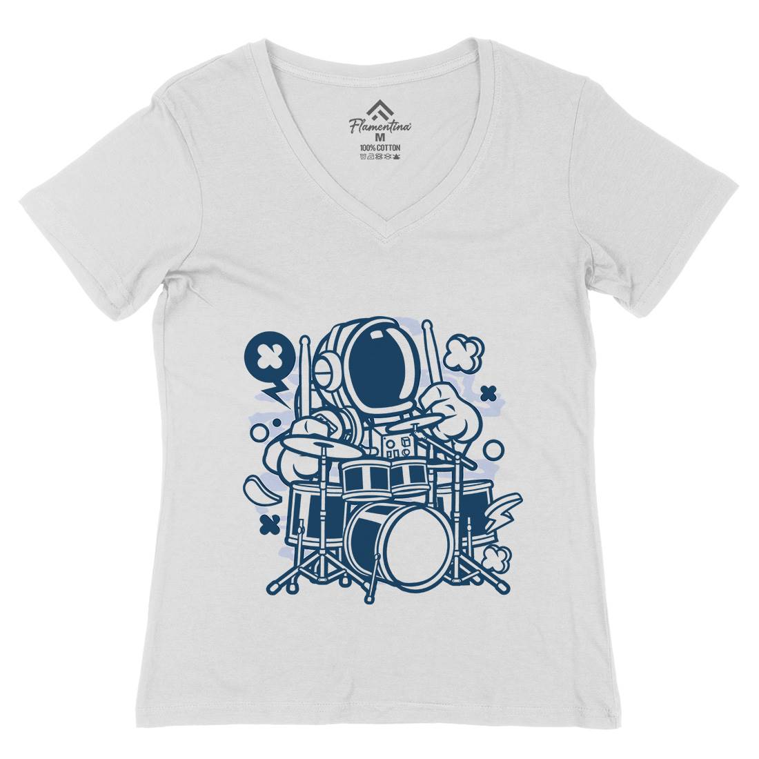 Astronaut Drummer Womens Organic V-Neck T-Shirt Space C008