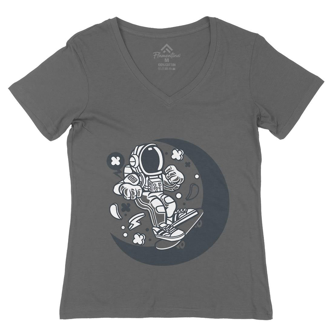 Astronaut Skater Moon Womens Organic V-Neck T-Shirt Space C011