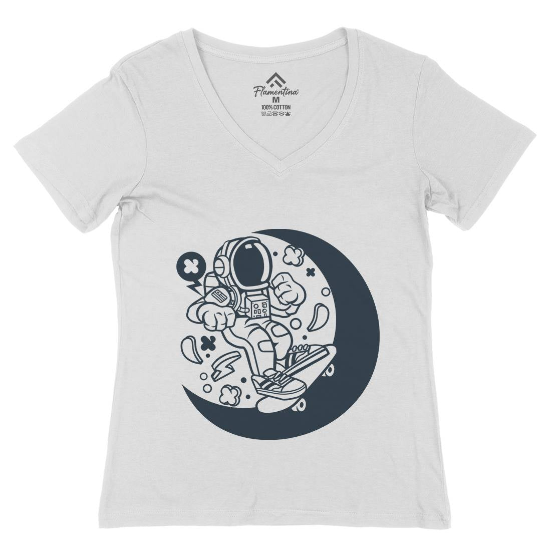 Astronaut Skater Moon Womens Organic V-Neck T-Shirt Space C011