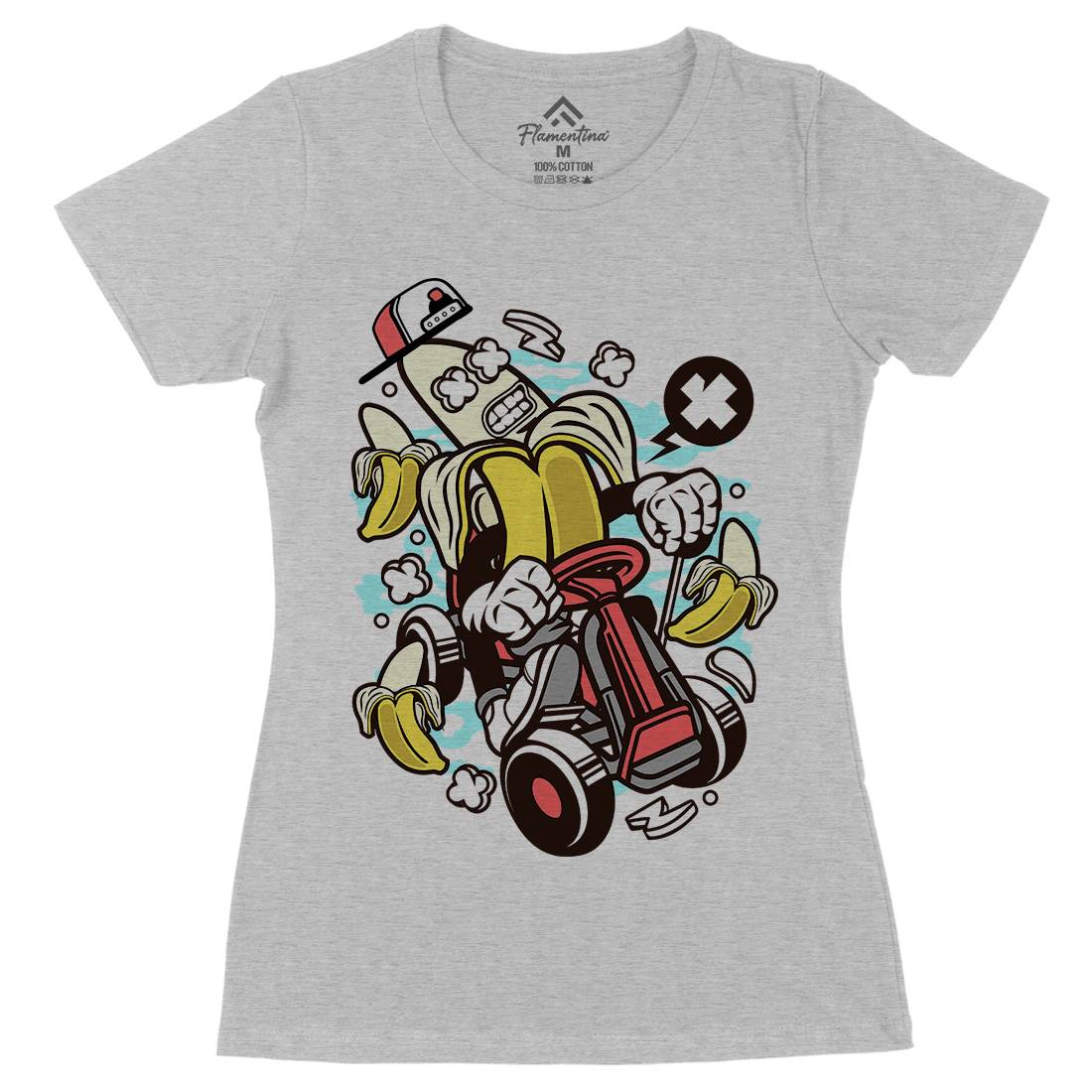 Banana Go-Kart Rider Womens Organic Crew Neck T-Shirt Sport C015