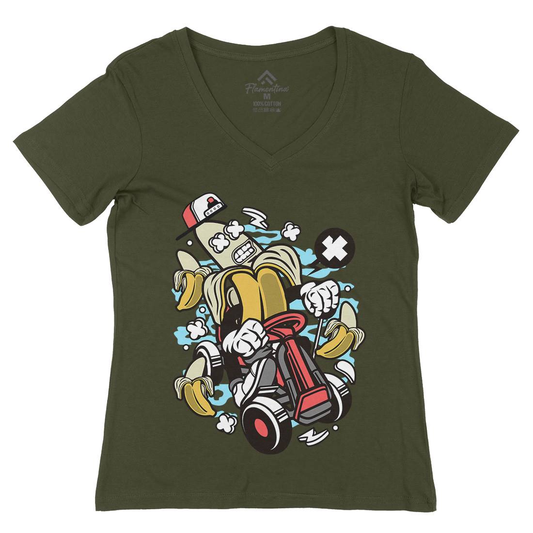 Banana Go-Kart Rider Womens Organic V-Neck T-Shirt Sport C015