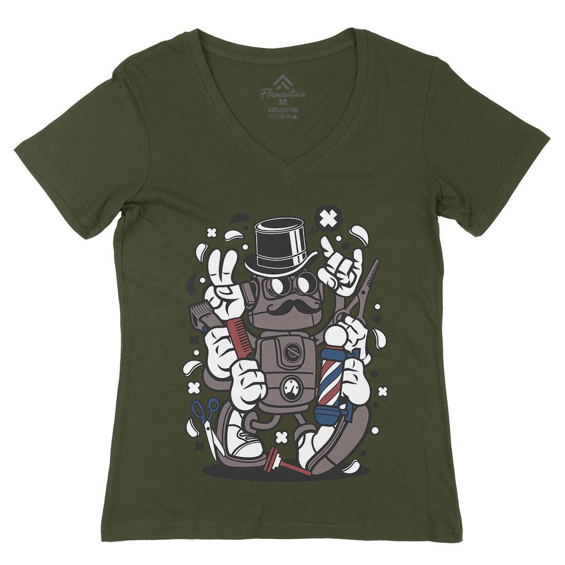 Robot Womens Organic V-Neck T-Shirt Barber C017