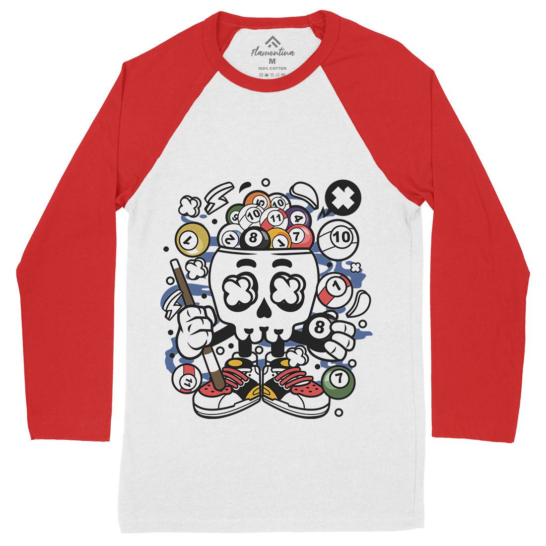 Billiard Skull Mens Long Sleeve Baseball T-Shirt Sport C025