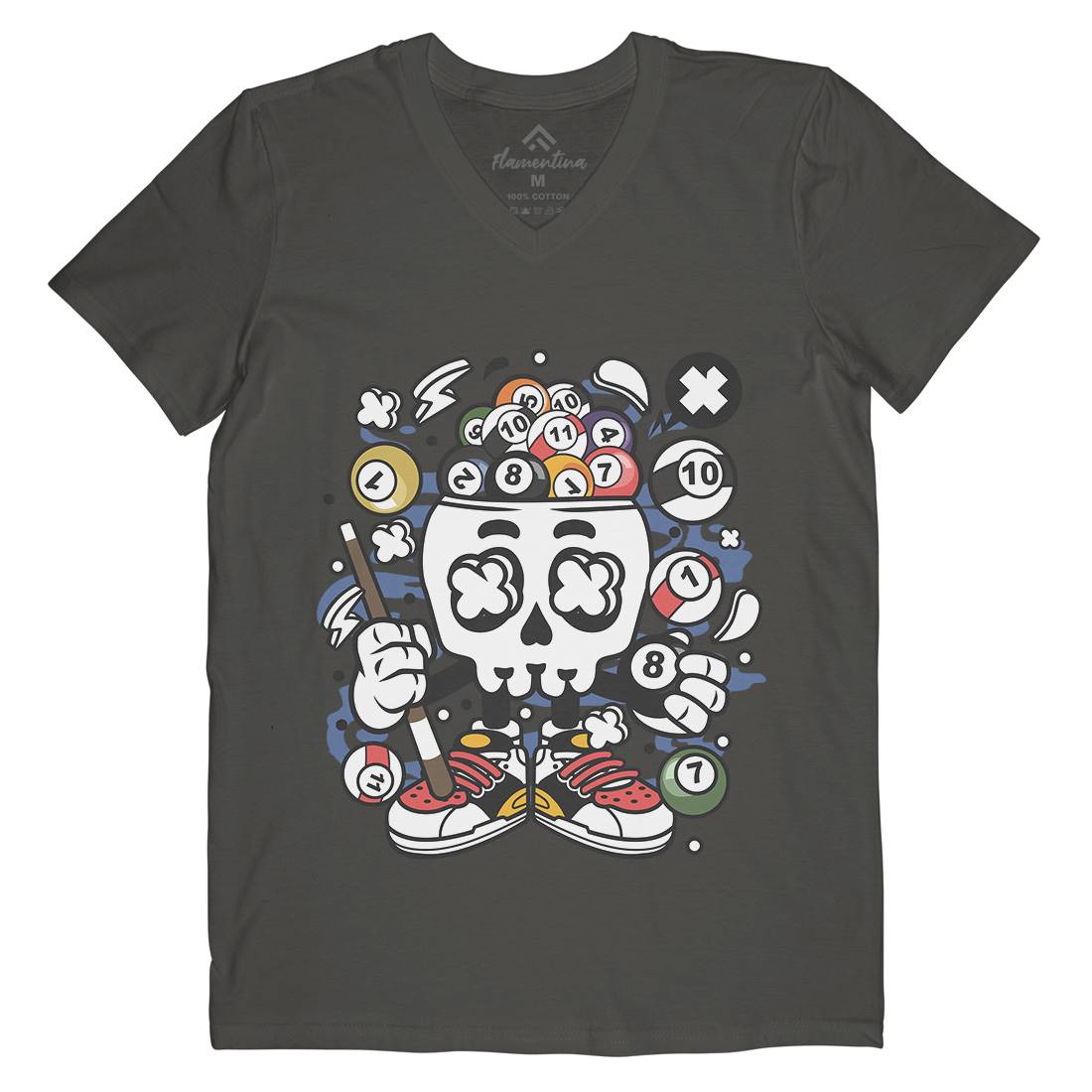Billiard Skull Mens V-Neck T-Shirt Sport C025