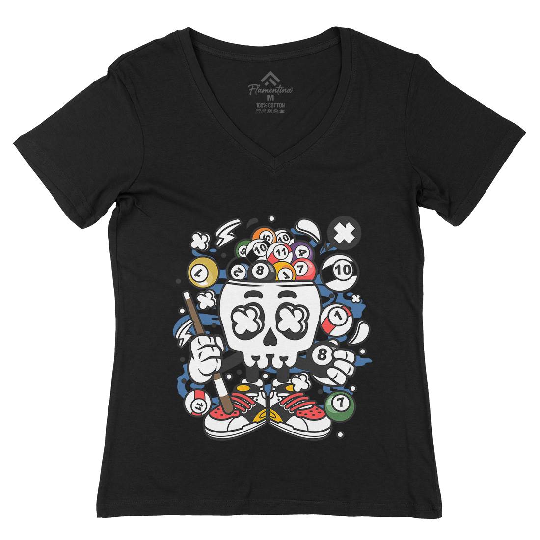 Billiard Skull Womens Organic V-Neck T-Shirt Sport C025
