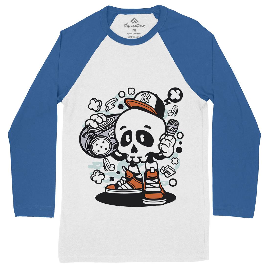 Boombox Skull Mens Long Sleeve Baseball T-Shirt Music C029