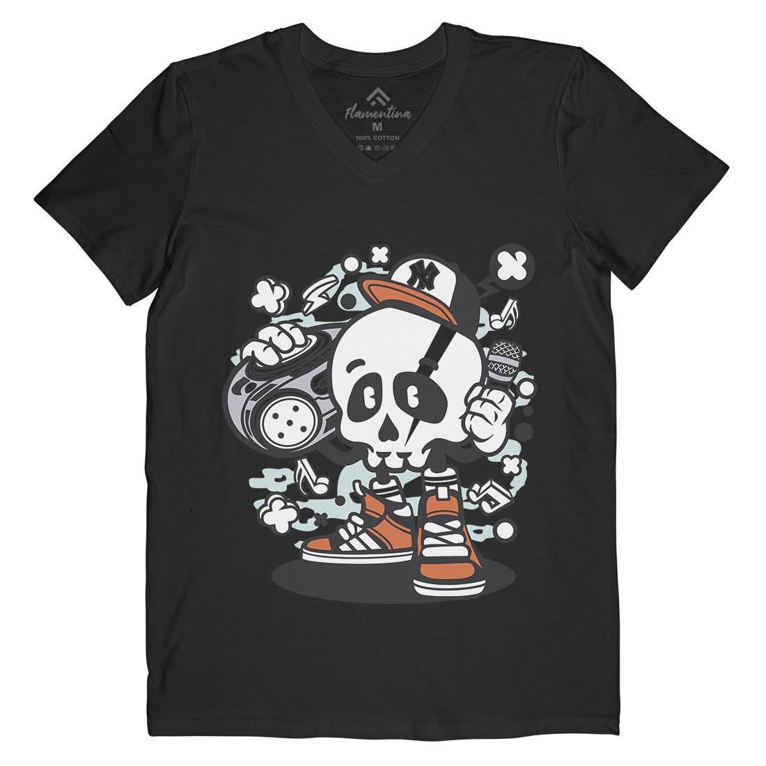Boombox Skull Mens Organic V-Neck T-Shirt Music C029