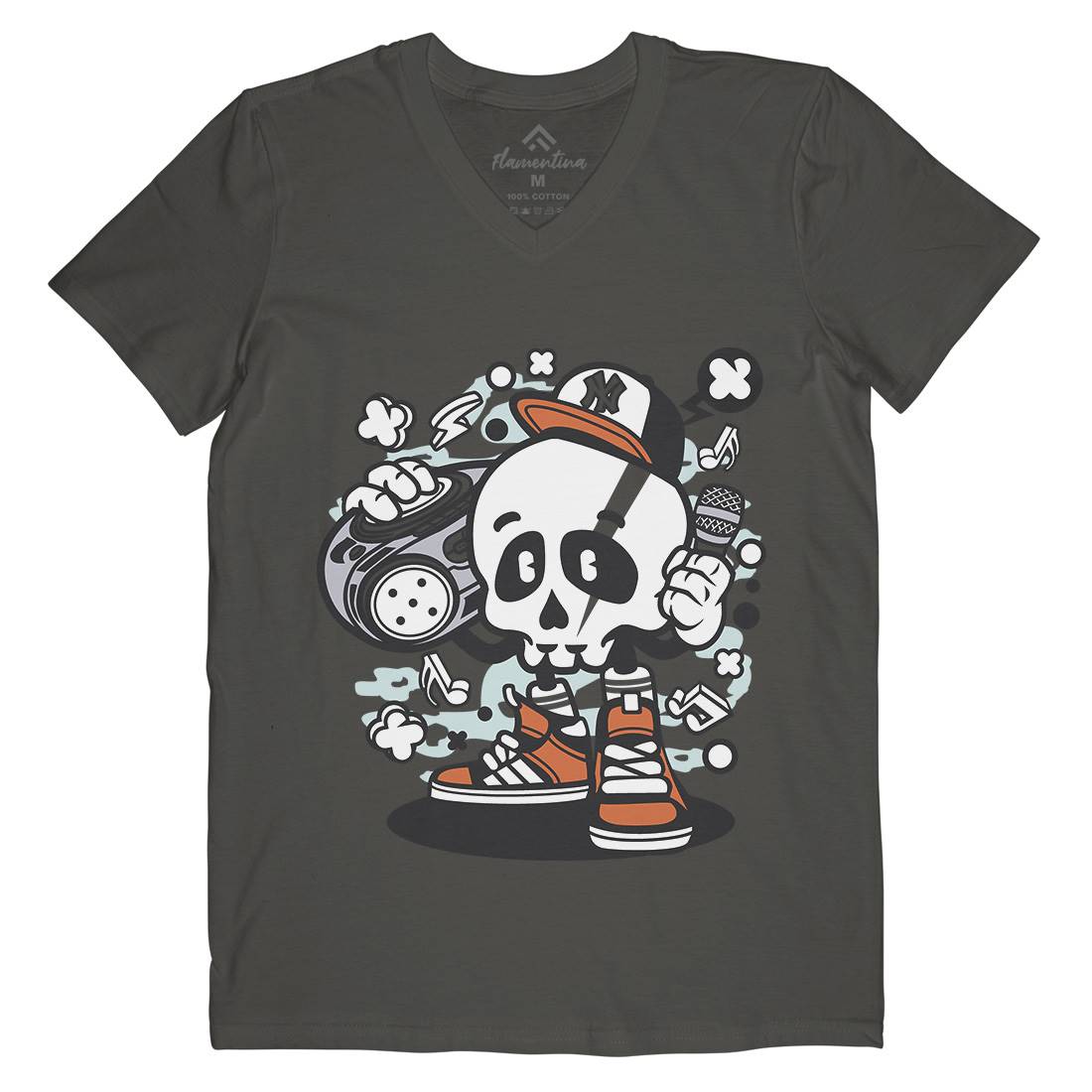 Boombox Skull Mens V-Neck T-Shirt Music C029