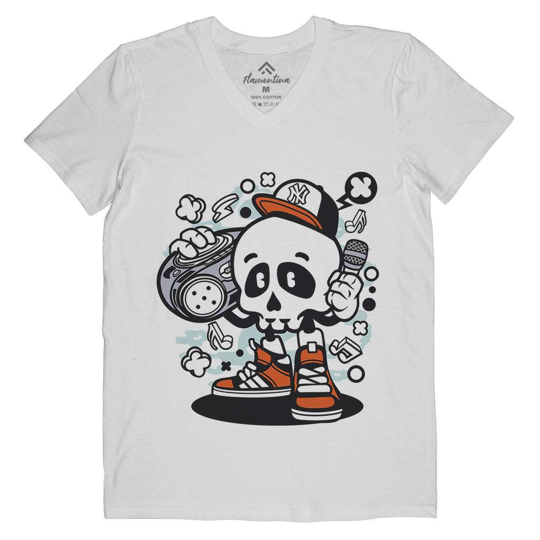 Boombox Skull Mens Organic V-Neck T-Shirt Music C029