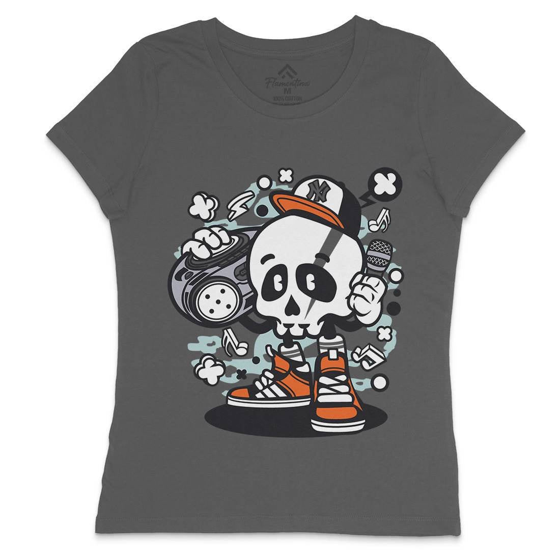 Boombox Skull Womens Crew Neck T-Shirt Music C029