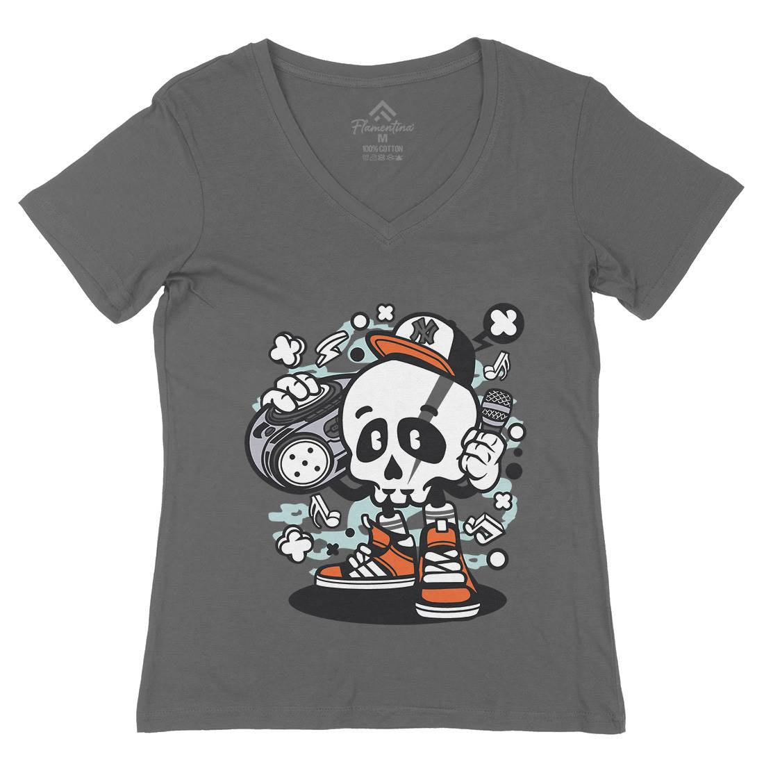 Boombox Skull Womens Organic V-Neck T-Shirt Music C029