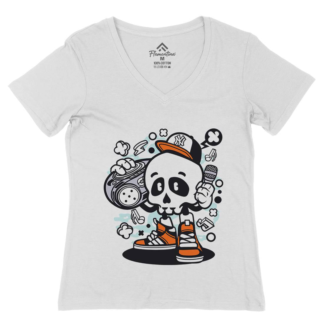 Boombox Skull Womens Organic V-Neck T-Shirt Music C029