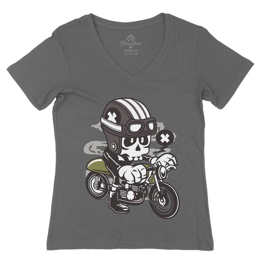 Caferacer Skull Womens Organic V-Neck T-Shirt Motorcycles C039