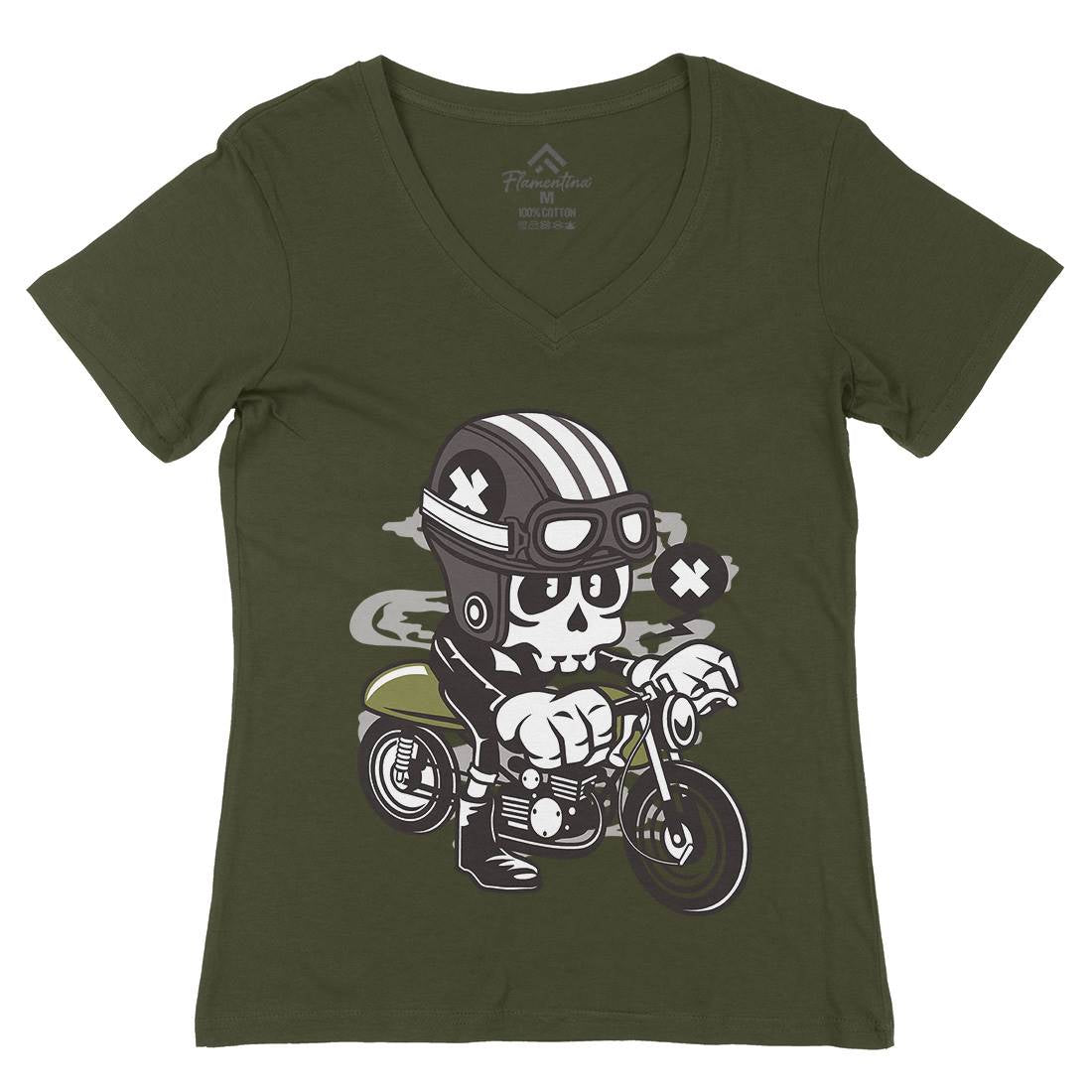 Caferacer Skull Womens Organic V-Neck T-Shirt Motorcycles C039