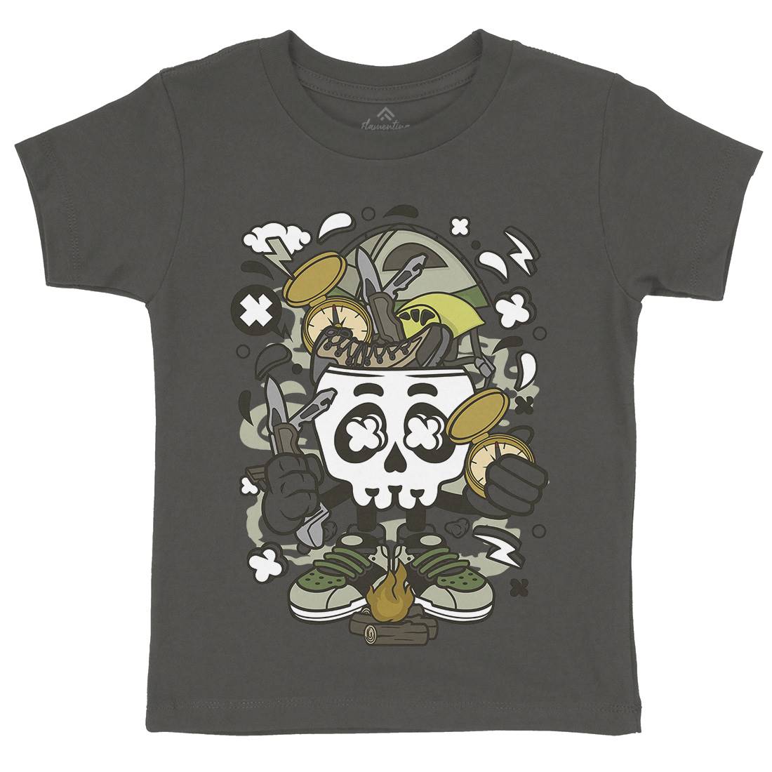 Camp Fire Skull Kids Crew Neck T-Shirt Nature C040