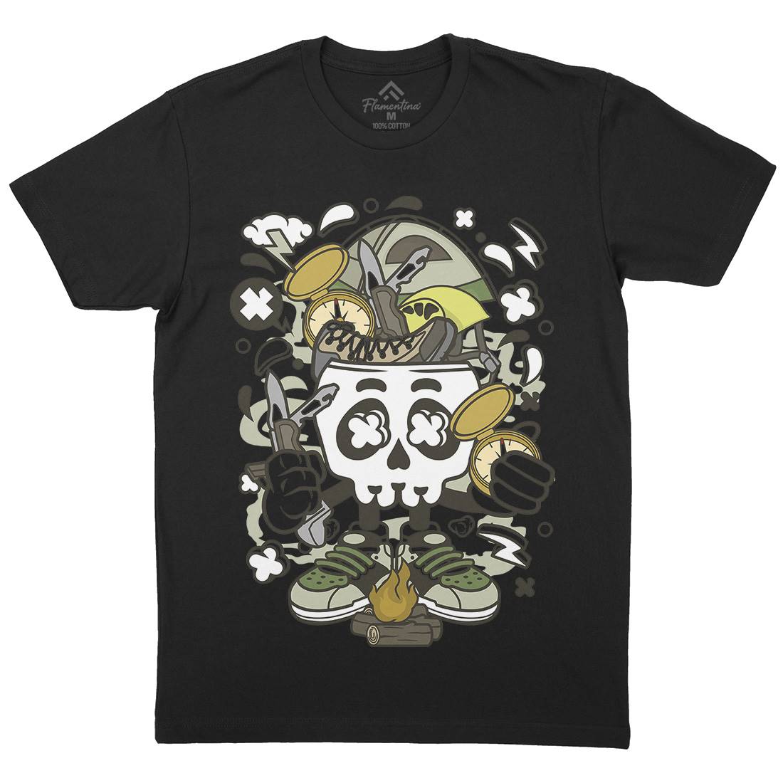 Camp Fire Skull Mens Organic Crew Neck T-Shirt Nature C040