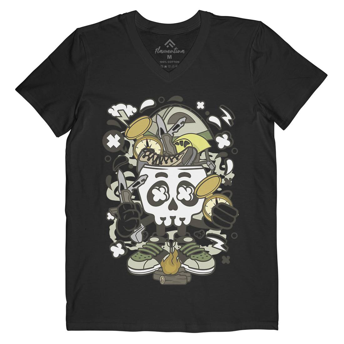 Camp Fire Skull Mens Organic V-Neck T-Shirt Nature C040