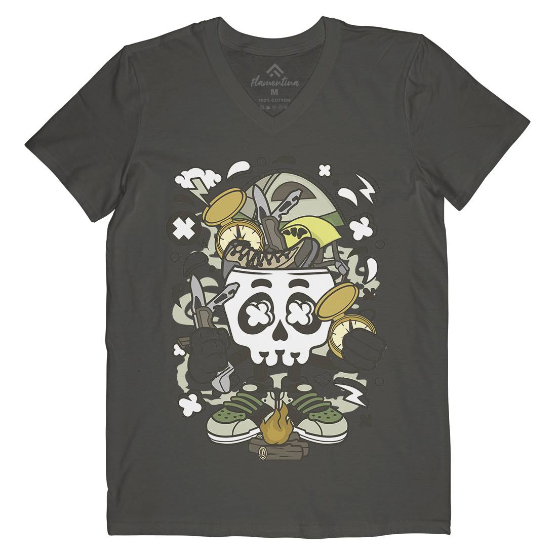 Camp Fire Skull Mens V-Neck T-Shirt Nature C040
