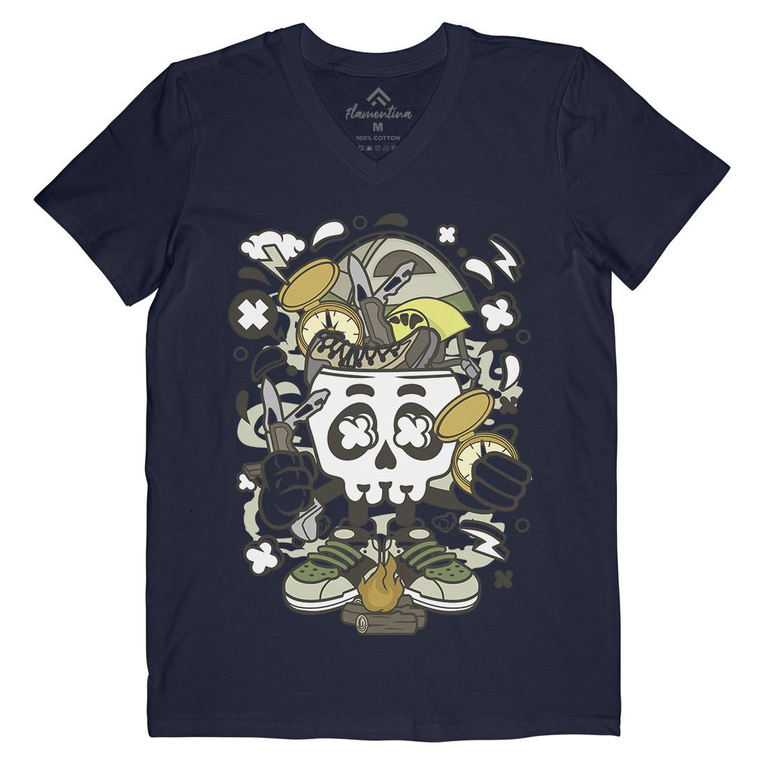 Camp Fire Skull Mens V-Neck T-Shirt Nature C040