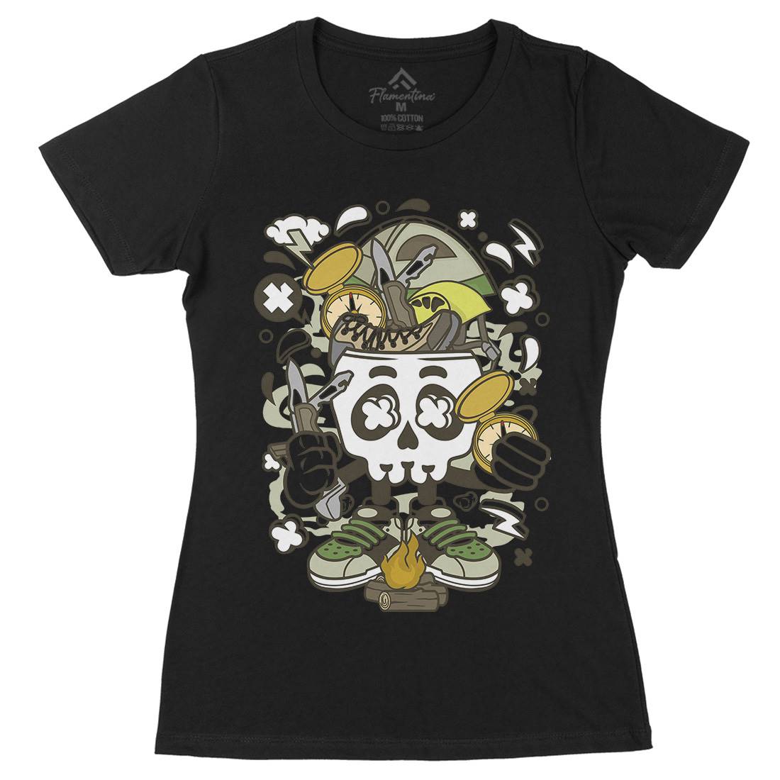 Camp Fire Skull Womens Organic Crew Neck T-Shirt Nature C040