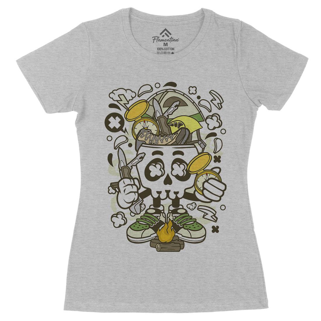 Camp Fire Skull Womens Organic Crew Neck T-Shirt Nature C040