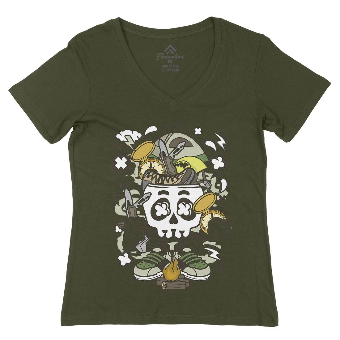 Camp Fire Skull Womens Organic V-Neck T-Shirt Nature C040