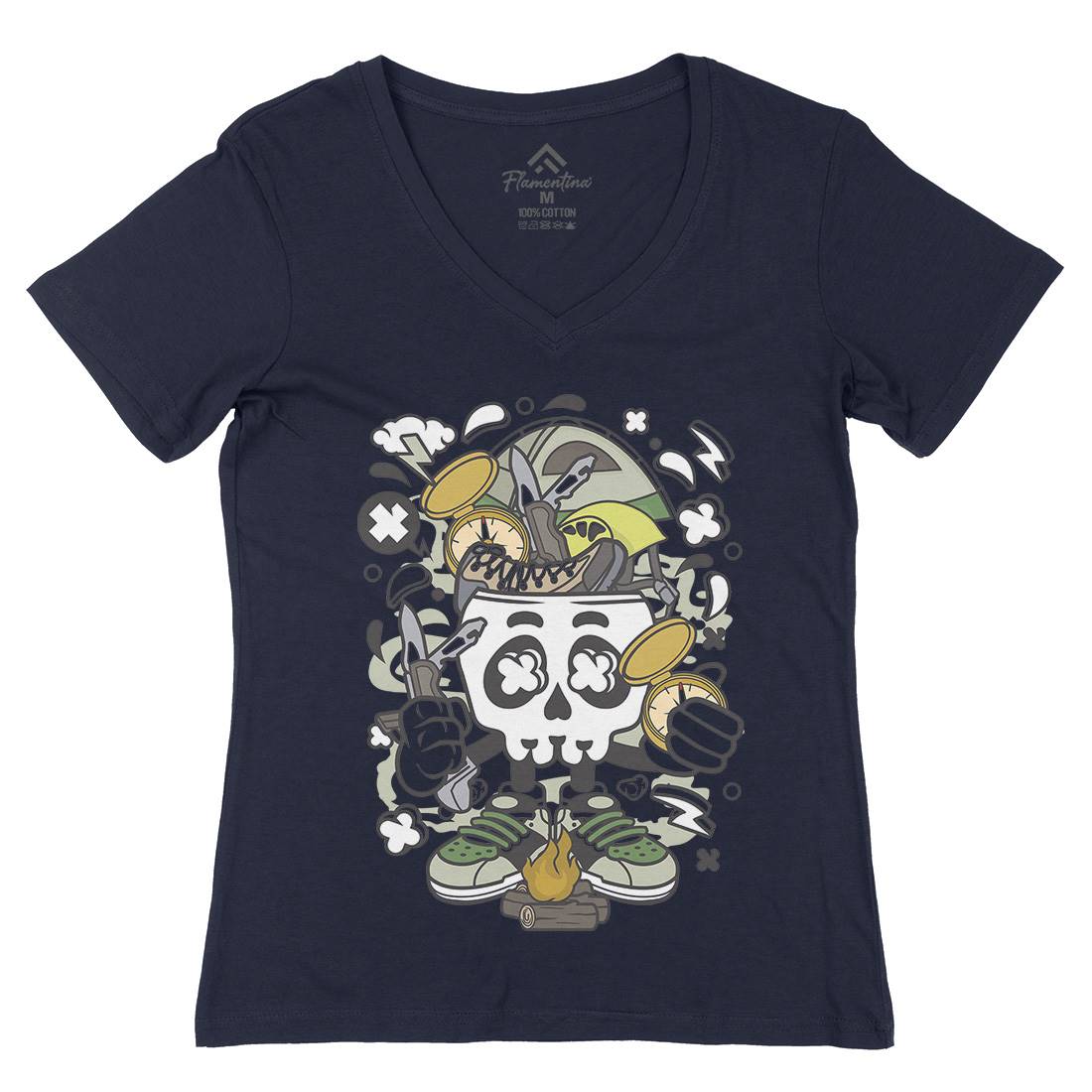 Camp Fire Skull Womens Organic V-Neck T-Shirt Nature C040